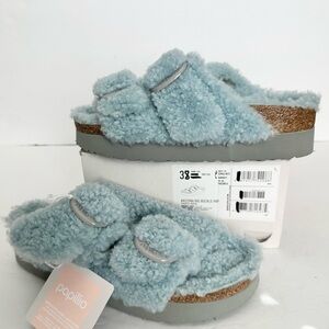 NWT Birkenstock Papillio Arizona Big Buckle Shearling fuzzy sandal blue 38/7